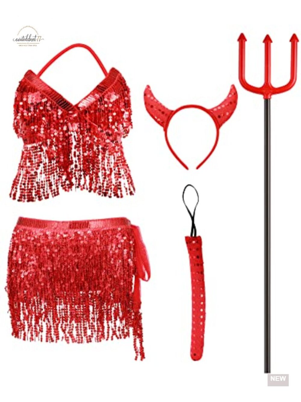 Sequin Devil Costume Set Women Fringe Bra Skirt Horns Tail